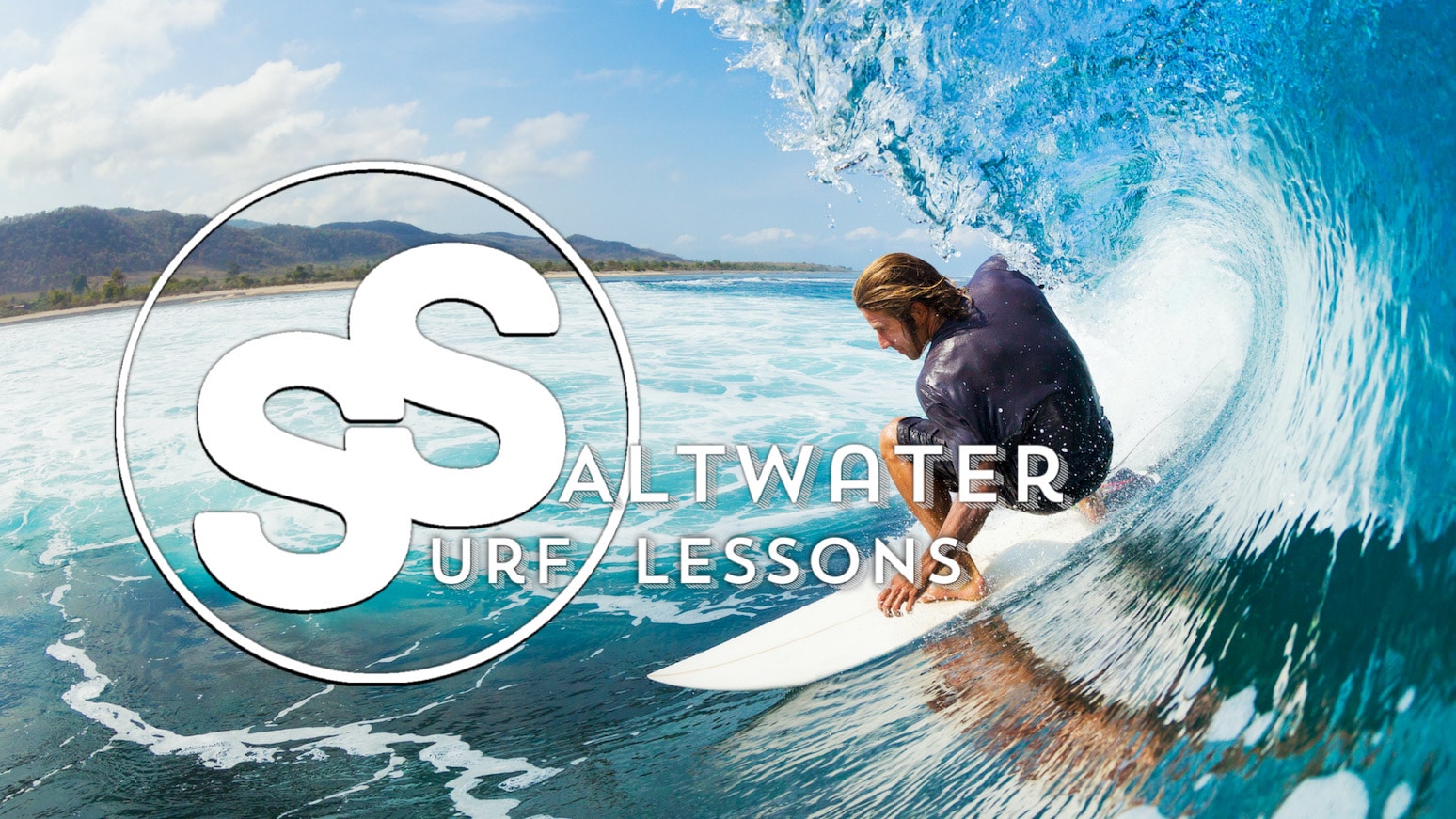 A surfer riding a wave with the words saltwater surf lessons.