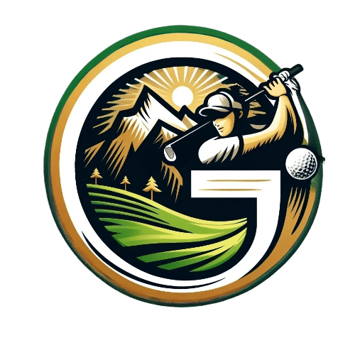 Logo depicting a golfer swinging a club with mountains, sun, and trees in the background, and a golf ball to the right. The logo is circular with green, yellow, and black elements.
