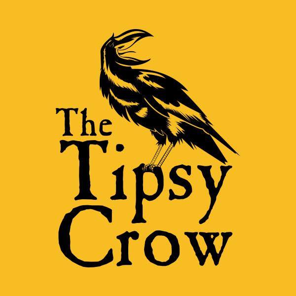 Black silhouette of a crow standing on one leg with its beak open, against a yellow background, with the text "The Tipsy Crow" printed below.