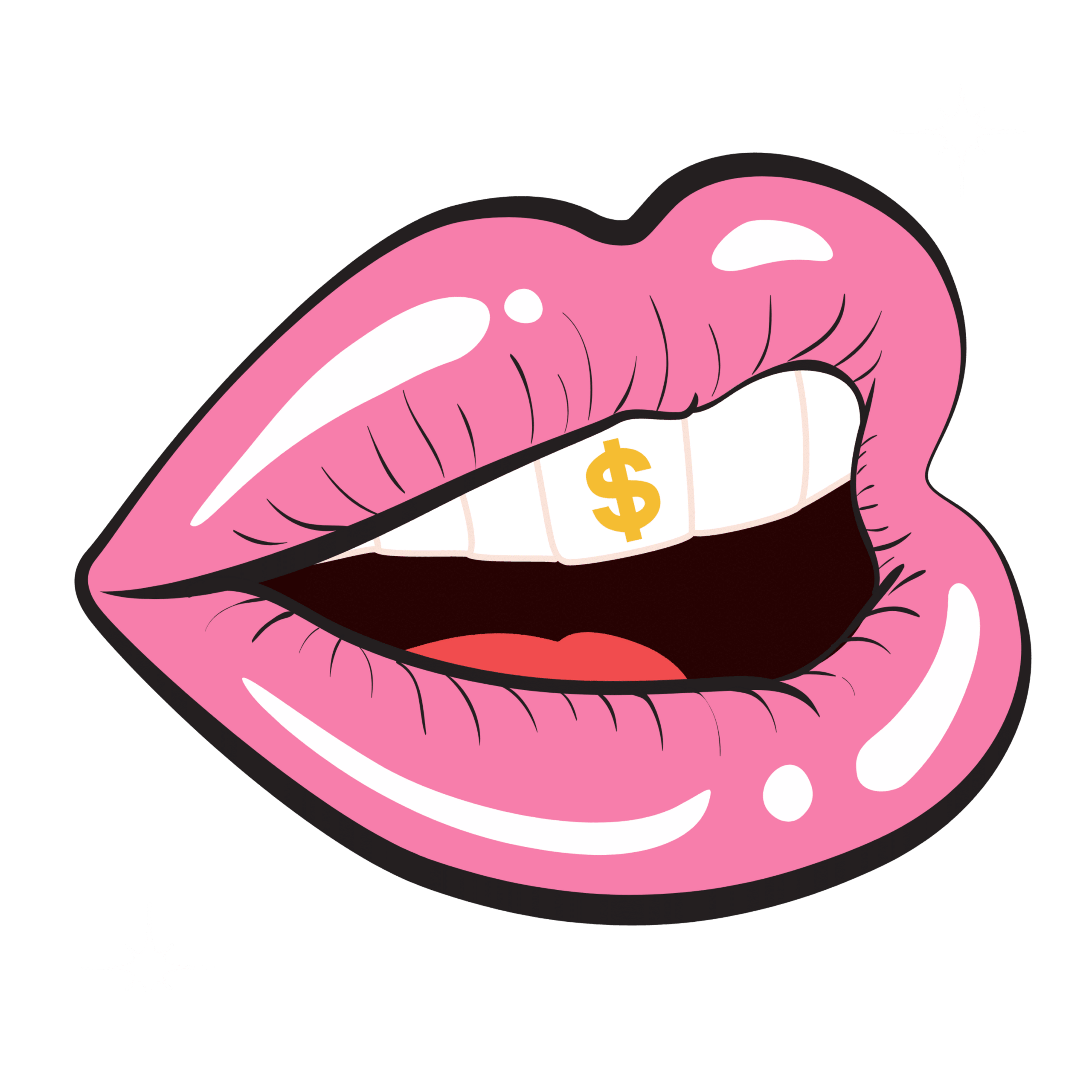 Illustration of glossy pink lips with an open mouth revealing teeth. One tooth displays a gold dollar sign. The background is black with two small white star-like sparkles.