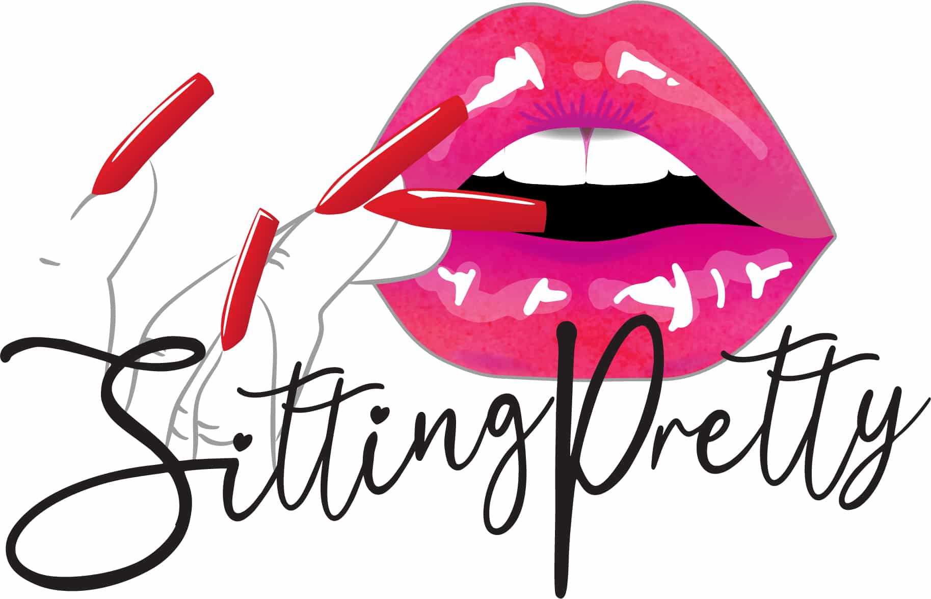 Illustration of red manicured fingers pointing to pink glossy lips, with the words "Sitting Pretty" written in script below.