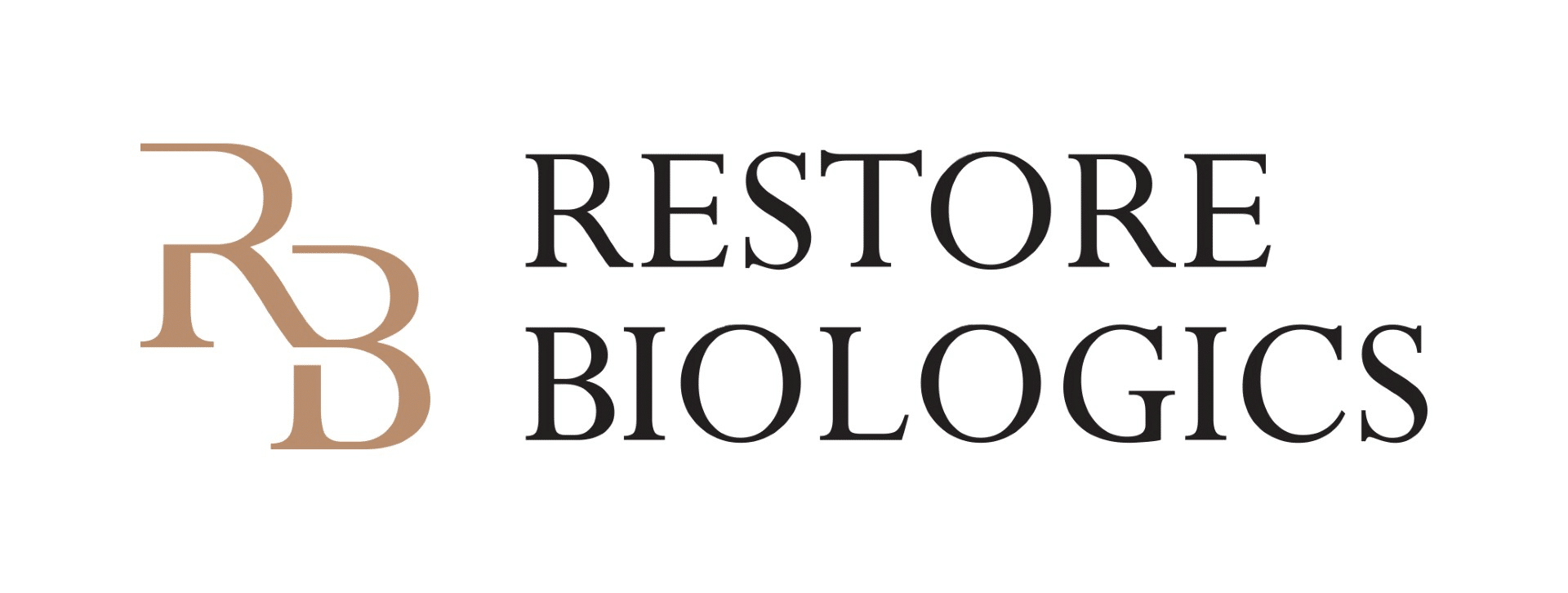 The image shows the logo of Restore Biologics, featuring the initials "RB" in a stylized font on the left and the company name "Restore Biologics" in uppercase letters on the right.