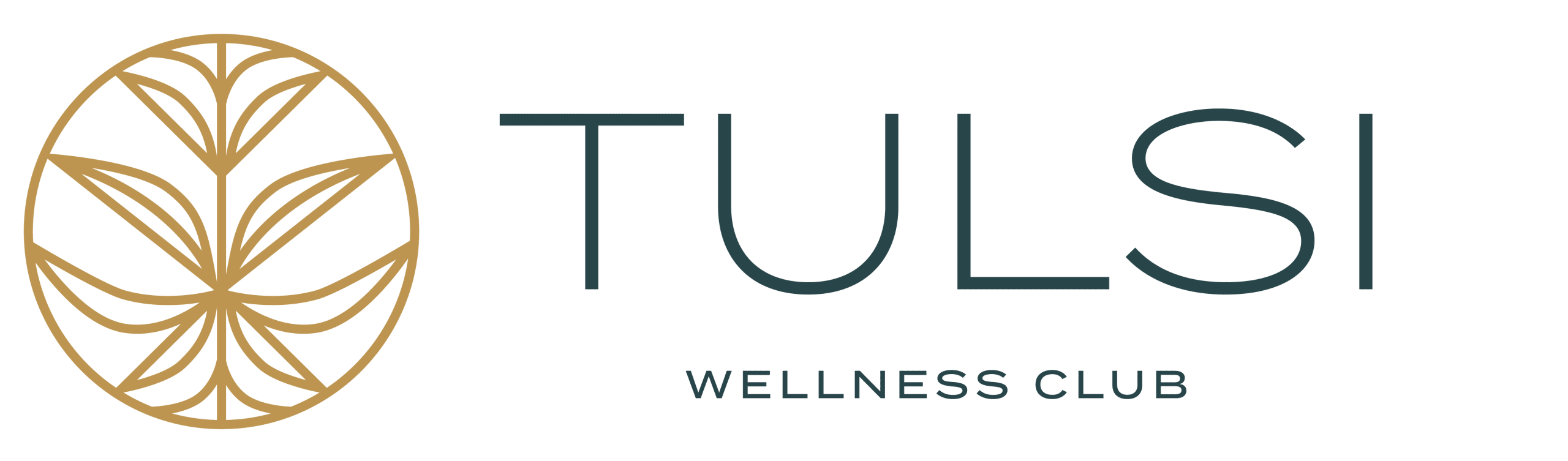 Logo of Tulsi Wellness Club featuring a stylized golden plant design next to the text "TULSI" and "WELLNESS CLUB" in dark green.