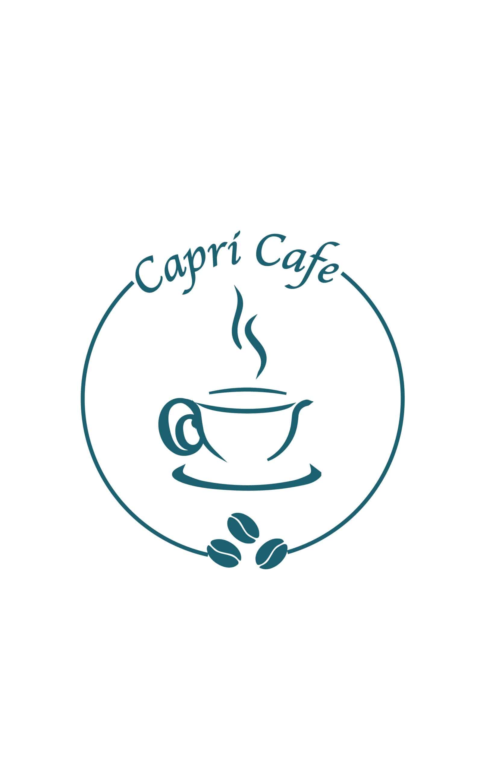 Logo of Caprí Cafe featuring a steaming coffee cup encircled with coffee beans.