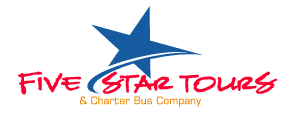 Logo of Five Star Tours & Charter Bus Company featuring a blue star and bold red text.