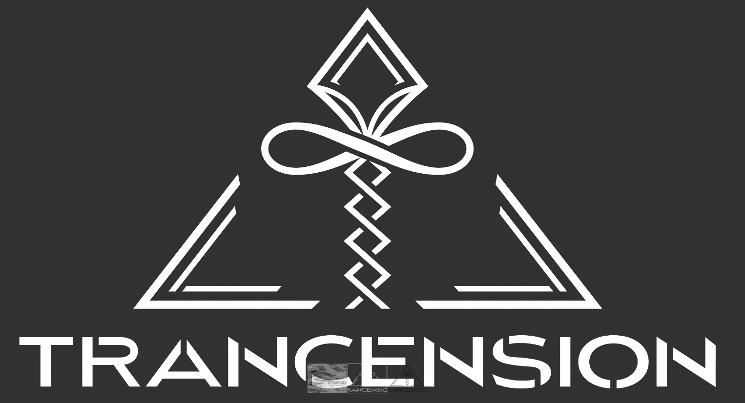 Black and white logo for "Trancension" with a geometric design featuring a triangle, a stylized infinity symbol, and zigzag elements.