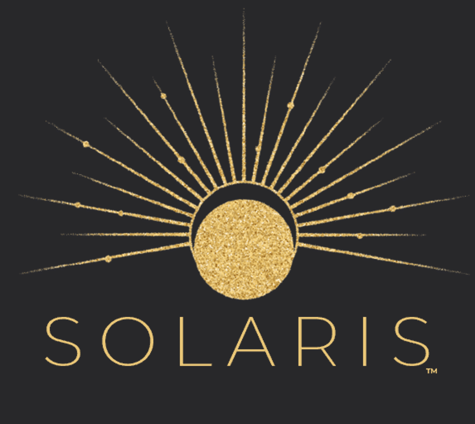 Logo featuring a stylized gold sun with rays, above the word "SOLARIS" in matching gold on a black background.