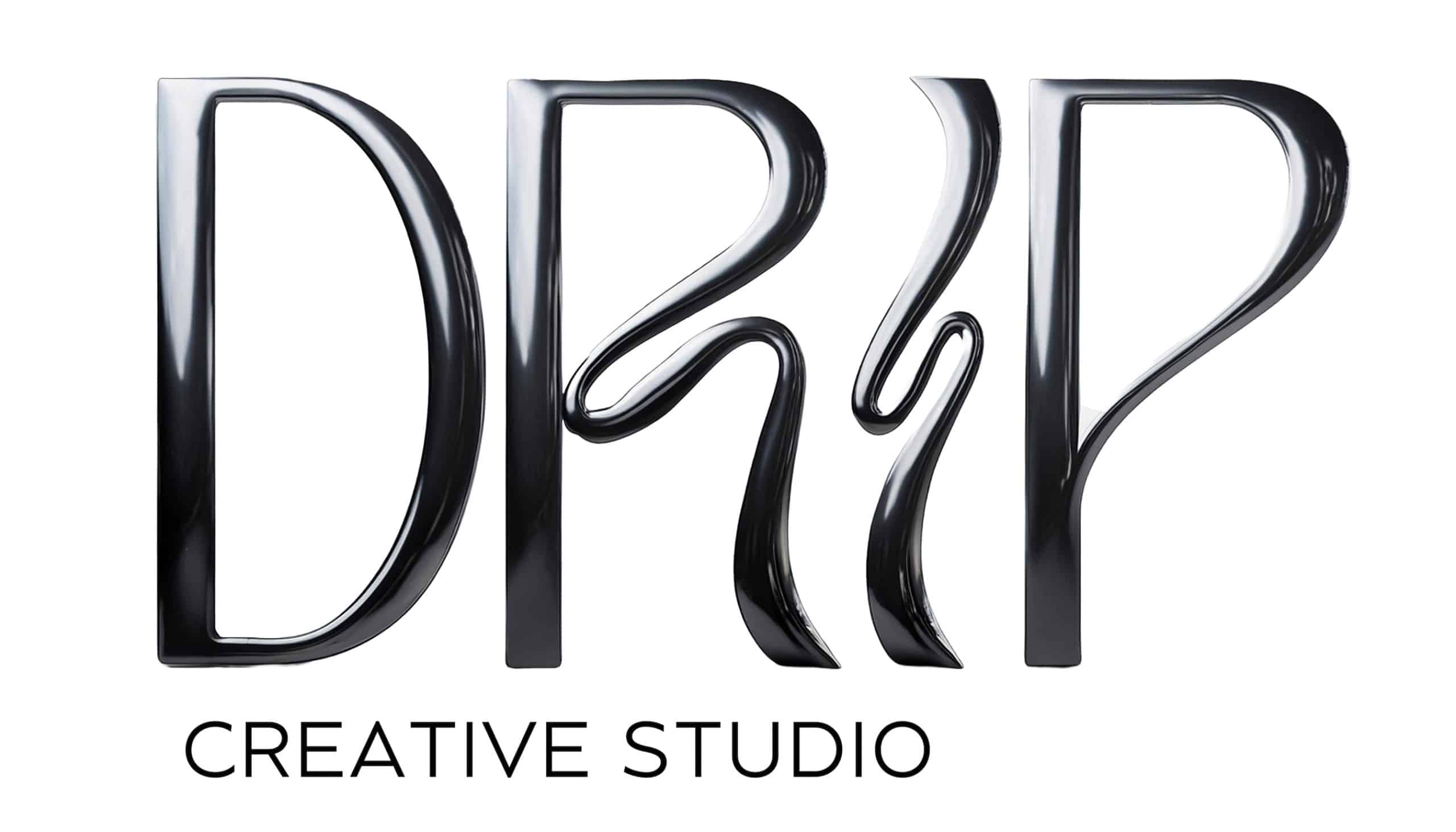 Logo for Drip Creative Studio with shiny, fluid metallic letters on a white background.