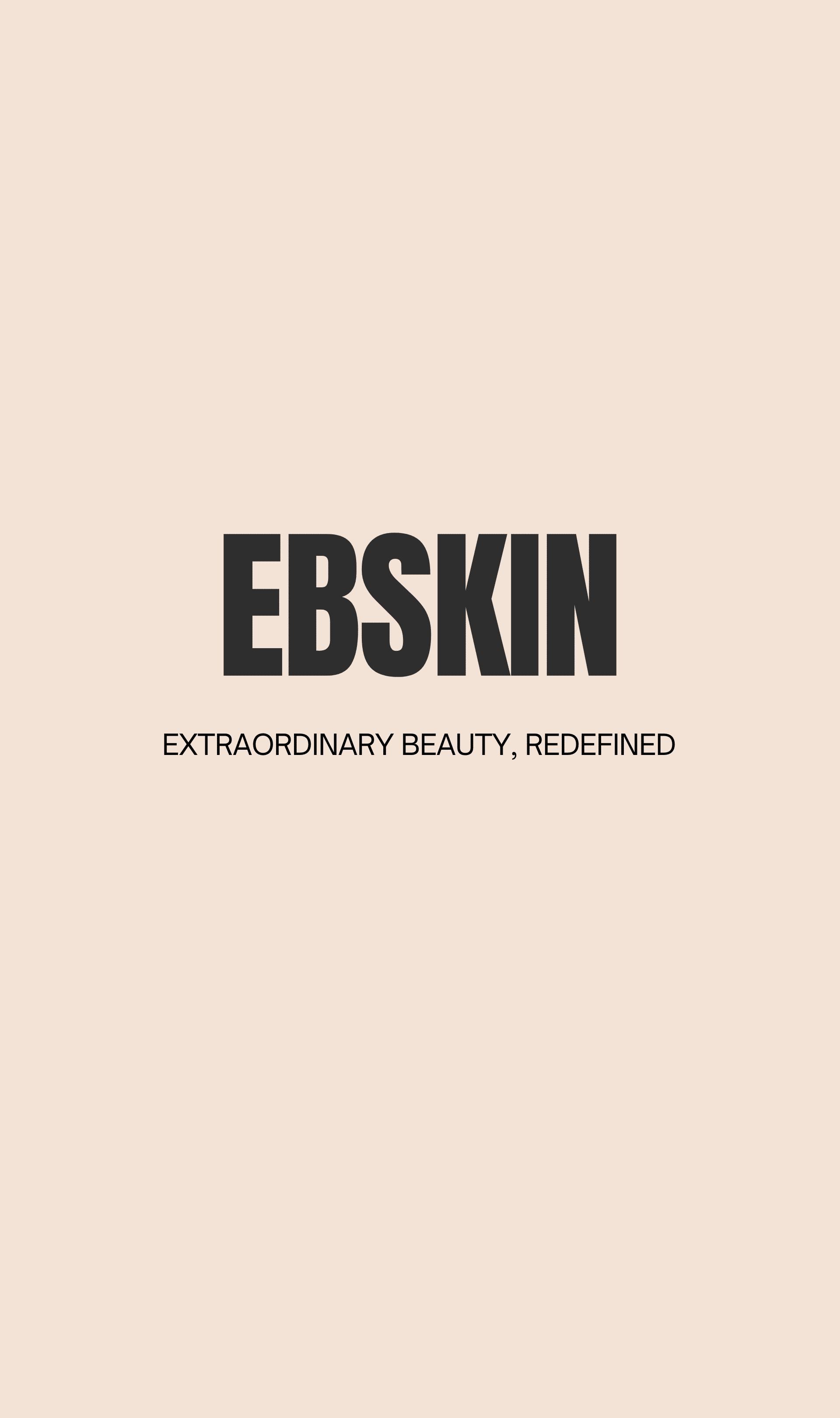 Text on a beige background: "EBSKIN" in bold letters, with the tagline "Extraordinary Beauty, Redefined" below.