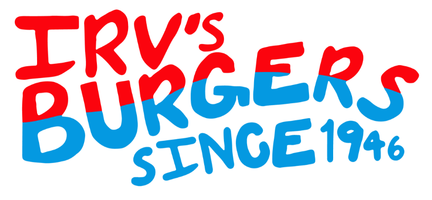 Red and blue text reading "Irv's Burgers Since 1946" on a white background.