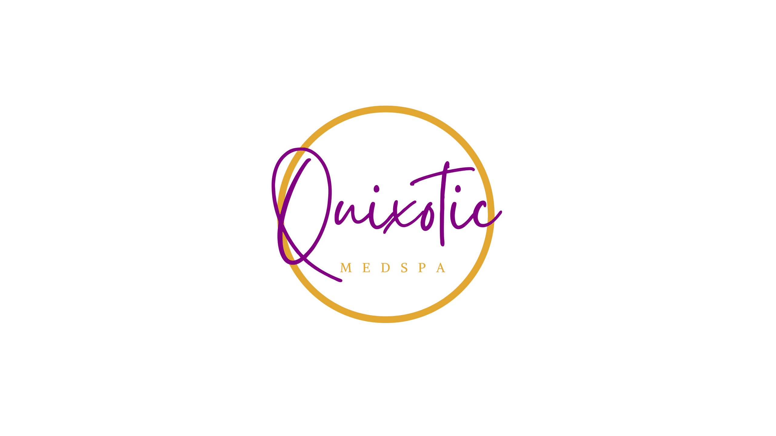 Logo with "Quixotic Medspa" in purple and orange cursive within an orange circle on a black background.