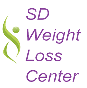 Logo with the text "SD Weight Loss Center" in purple next to a green abstract figure.