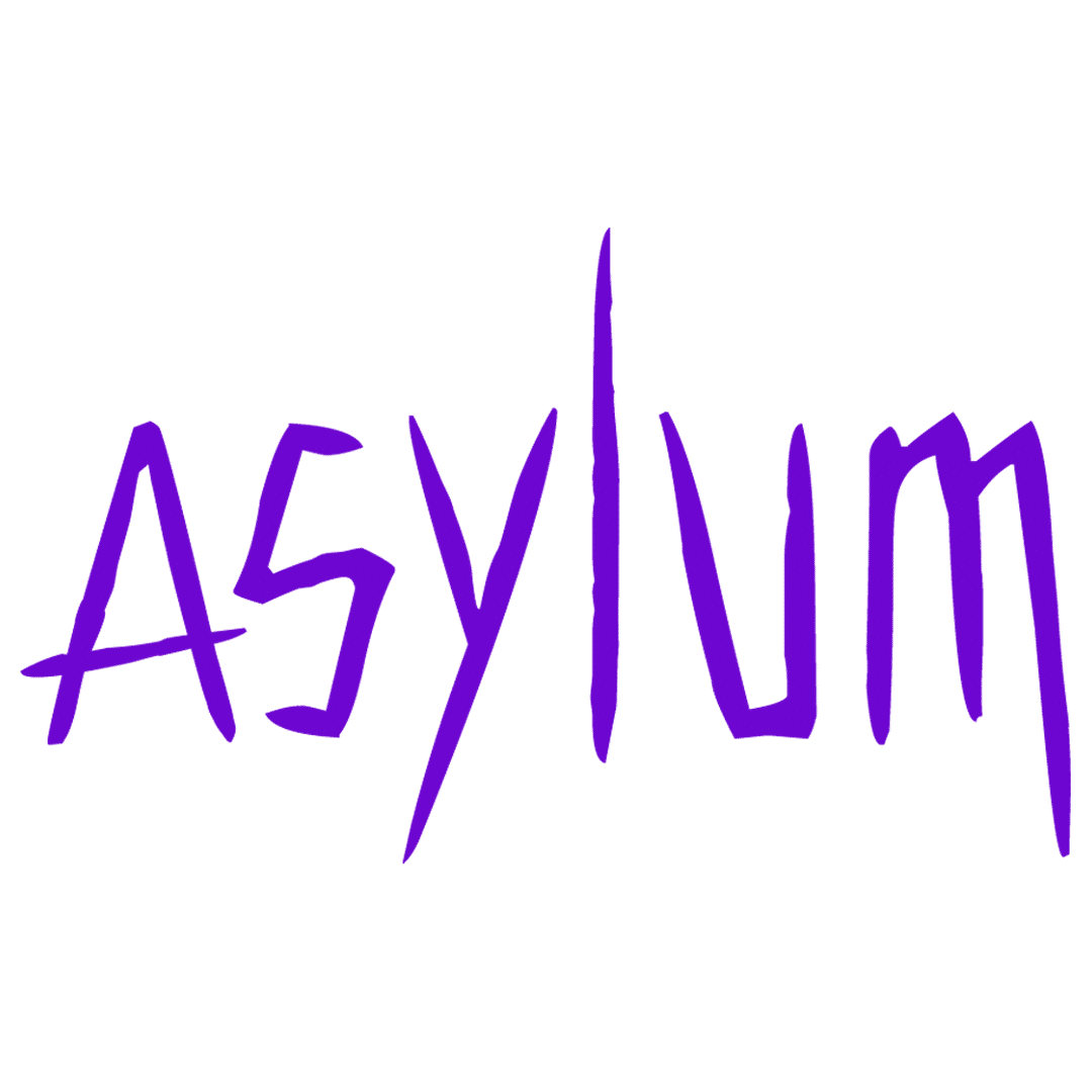 The word "asylum" is written in jagged, purple letters on a white background.
