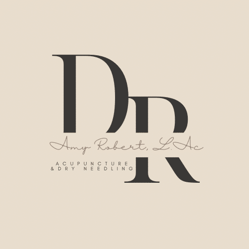 Stylized logo with overlapping letters 'DR', text reads "Amy Robert, L.Ac Acupuncture & Dry Needling" on a beige background.