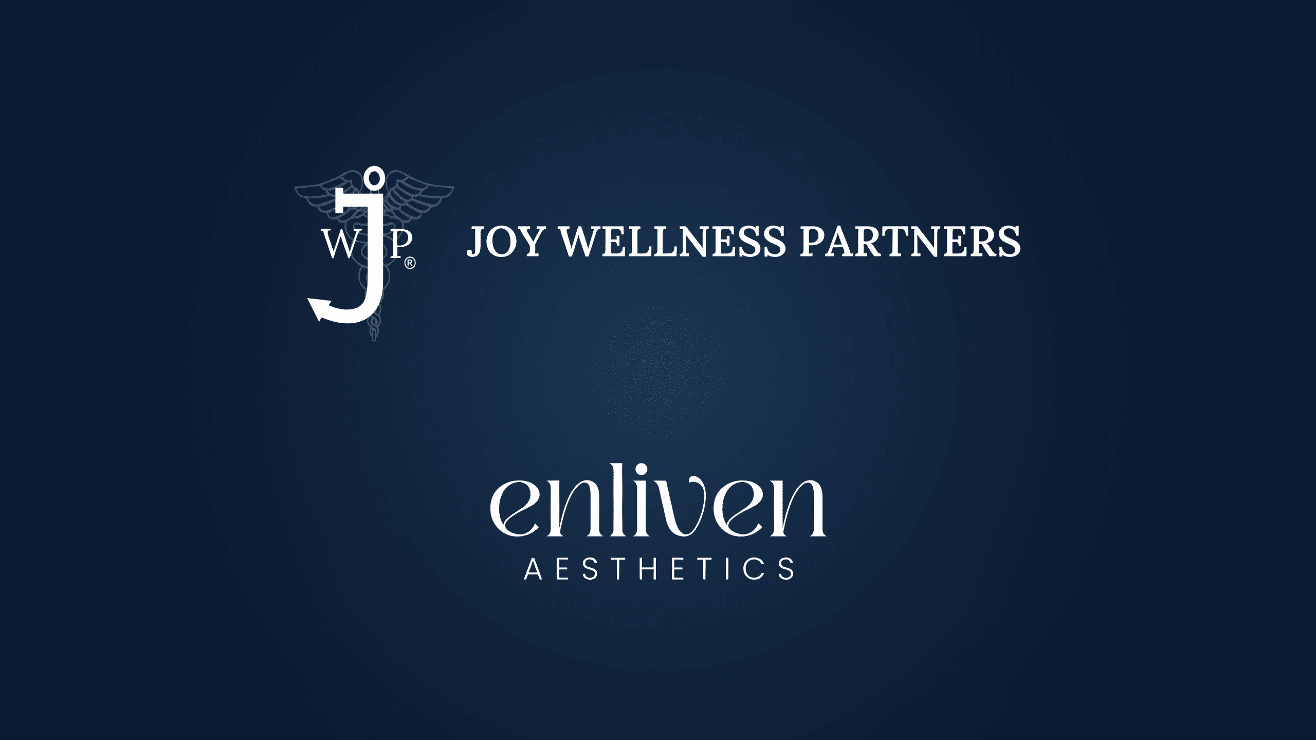 Dark blue background with Joy Wellness Partners logo on top, featuring a "j" and caduceus symbol, and "enliven aesthetics" logo below in white text.
