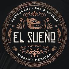 Circular logo for "El Sueño," a restaurant, bar, and lounge, featuring a stylized jaguar head and decorative patterns. Text includes "Vibrant Mexican" and "Old Town.