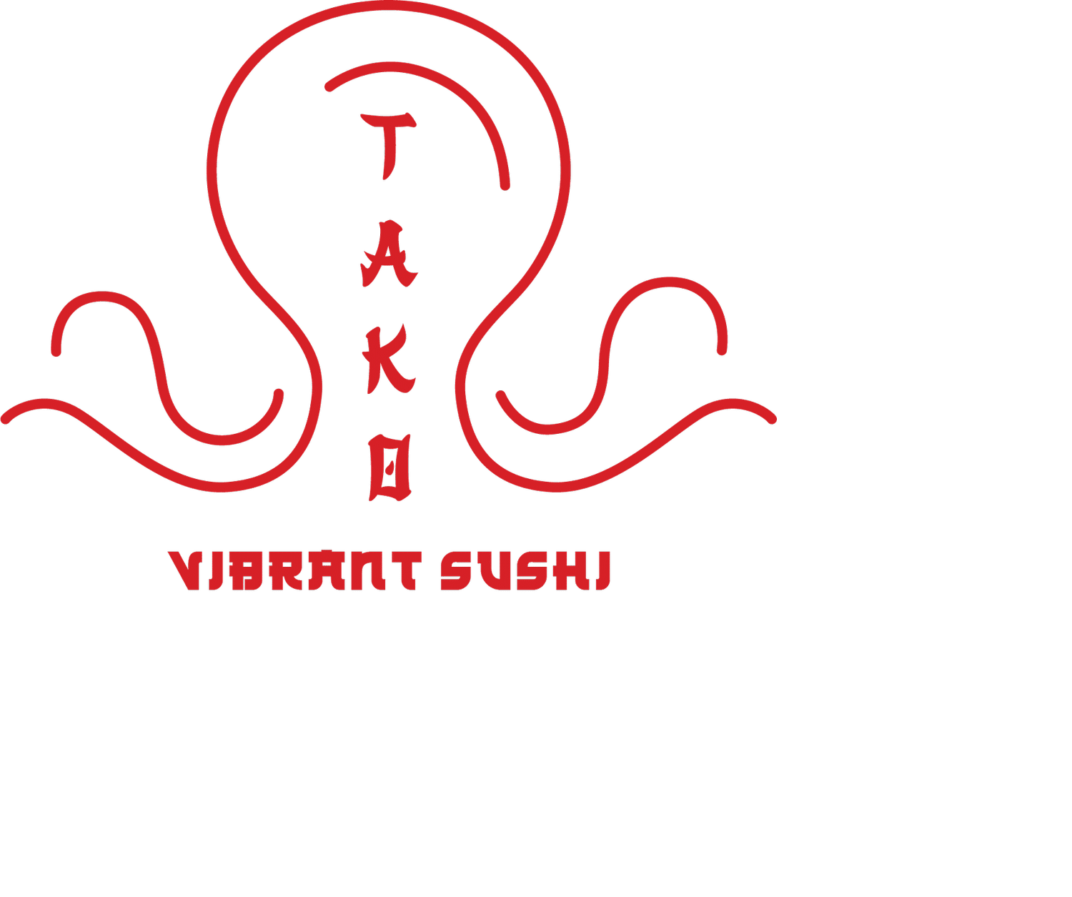 Logo featuring a stylized red octopus with the text "TAKO" inside and "Vibrant Sushi" below. Black background.